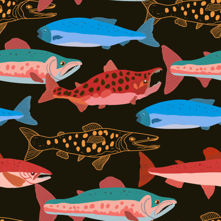 Seamless pattern with doodle salmon fish in modern original trendy style. Colorful vivid print for design and fabric. Vector hand drawn illustration.のイラスト素材