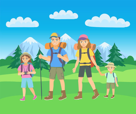 Man, woman and two kids hiking in outdoor mountain landscape. Cartoon vector illustration, family weekend activity. Vacation tourism.のイラスト素材