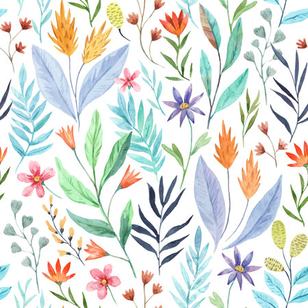 Seamless pattern with tropical flowers. Watercolor hand drawn illustrationの写真素材