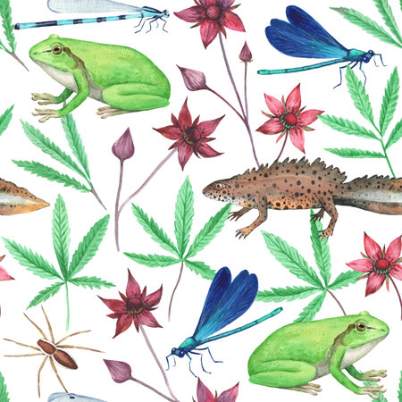 Seamless pattern with frog and marsh plants. Cinquefoil6 triton and dragonfly watercolor illustration. Pond lifeの写真素材