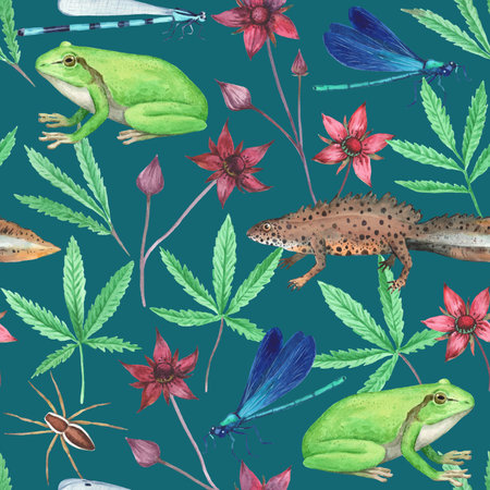 Seamless pattern with frog and marsh plants. Cinquefoil6 triton and dragonfly watercolor illustration. Pond lifeの写真素材