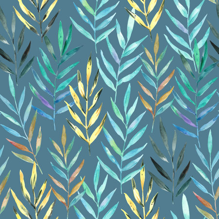 Watercolor pattern with abstract tropical palm leaves. Hand drawn colorful illustrationの写真素材