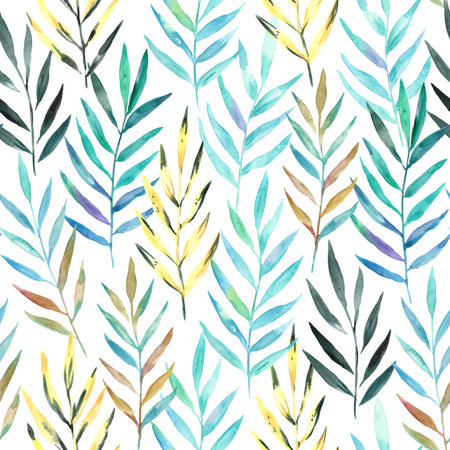 Watercolor pattern with abstract tropical palm leaves. Hand drawn colorful illustrationの写真素材
