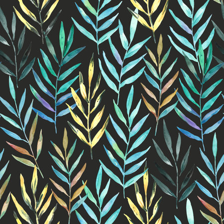 Watercolor pattern with abstract tropical palm leaves. Hand drawn colorful illustrationの写真素材