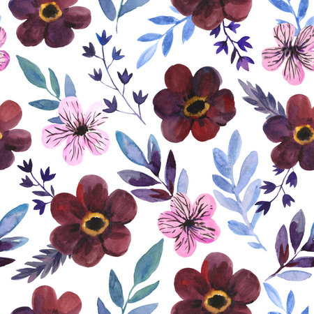 Watercolor seamless pattern with cute dark purple flowers and blue leaves. Freehand expressive painting. Romantic elegance pretty print for wedding invitation and fabric.の写真素材