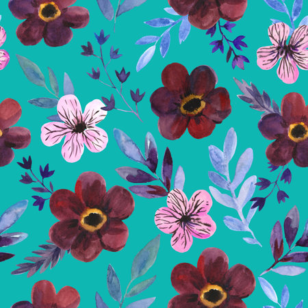 Watercolor seamless pattern with cute dark purple flowers and blue leaves. Freehand expressive painting. Romantic elegance pretty print for wedding invitation and fabric.の写真素材