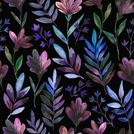 Watercolor seamless pattern with cute dark purple flowers and blue leaves. Freehand expressive painting. Romantic elegance pretty print for wedding invitation and fabric.の写真素材