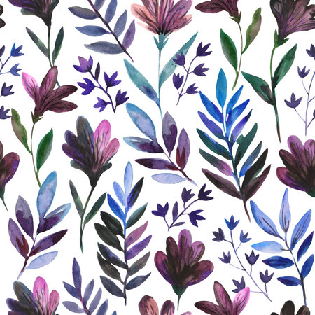 Watercolor seamless pattern with cute dark purple flowers and blue leaves. Freehand expressive painting. Romantic elegance pretty print for wedding invitation and fabric.の写真素材
