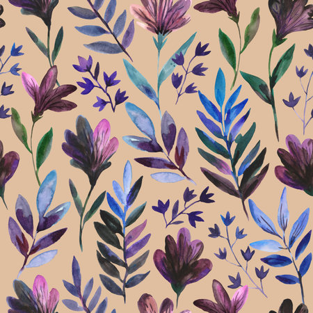 Watercolor seamless pattern with cute dark purple flowers and blue leaves. Freehand expressive painting. Romantic elegance pretty print for wedding invitation and fabric.の写真素材