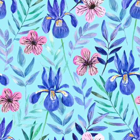 Watercolor seamless pattern with cute dark purple flowers and blue leaves. Freehand expressive painting. Romantic elegance pretty print for wedding invitation and fabric.の写真素材