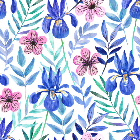 Watercolor seamless pattern with cute dark purple flowers and blue leaves. Freehand expressive painting. Romantic elegance pretty print for wedding invitation and fabric.の写真素材