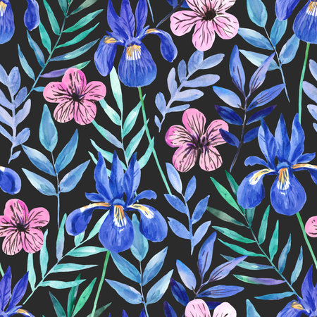 Watercolor seamless pattern with cute dark purple flowers and blue leaves. Freehand expressive painting. Romantic elegance pretty print for wedding invitation and fabric.の写真素材