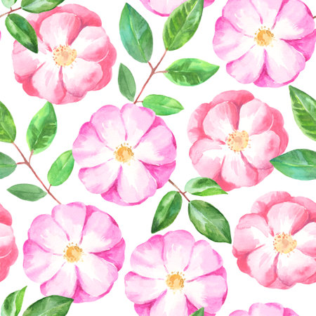 Watercolor seamless pattern with pink and purple rose hip flowers. Gentle pastel print for fabric and wedding design.の写真素材