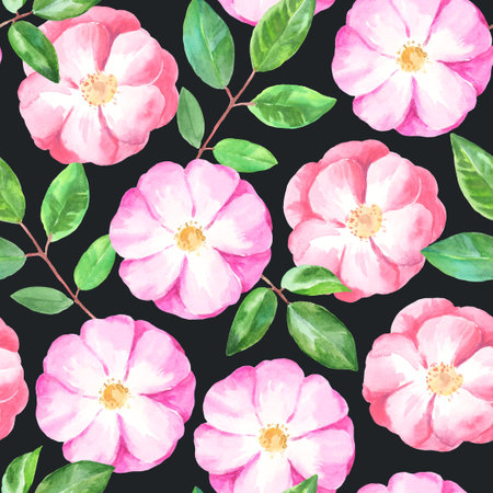 Watercolor seamless pattern with pink and purple rose hip flowers. Gentle pastel print for fabric and wedding design.の写真素材