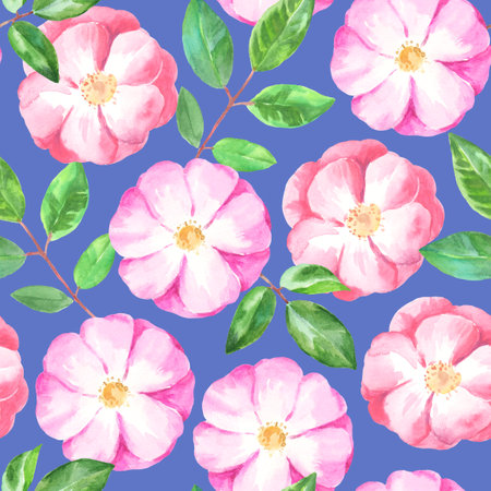 Watercolor seamless pattern with pink and purple rose hip flowers. Gentle pastel print for fabric and wedding design.の写真素材