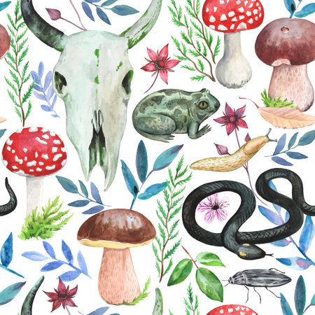Watercolor forest magic pattern with amanita mushrooms, skull and wild animals, toads and snakes. Colorful vintage printの写真素材