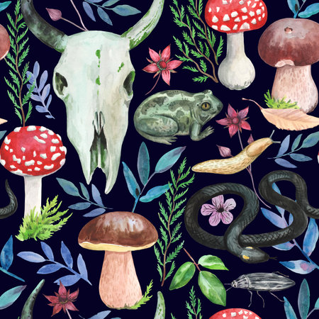 Watercolor forest magic pattern with amanita mushrooms, skull and wild animals, toads and snakes. Colorful vintage printの写真素材