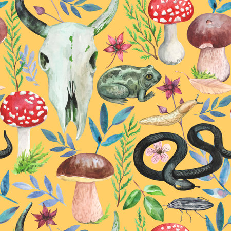 Watercolor forest magic pattern with amanita mushrooms, skull and wild animals, toads and snakes. Colorful vintage printの写真素材