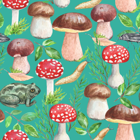 Watercolor forest magic pattern with amanita mushrooms and wild animals, snail and toad. Colorful vintage print.の写真素材