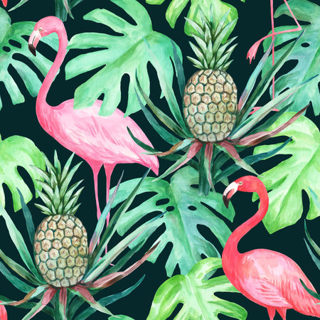Colorful watercolor seamless pattern with pink flamingo, pineapple and monstera tropical leaves.の写真素材