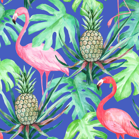 Colorful watercolor seamless pattern with pink flamingo, pineapple and monstera tropical leaves.の写真素材