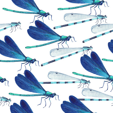 Watercolor seamless pattern with realistic blue dragonflies. Decorative eco print.の写真素材