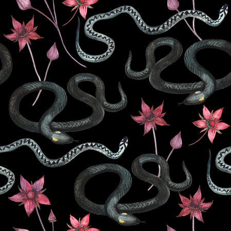Watercolor seamless pattern with black snakes and red flowers. Decorative gothic printの写真素材