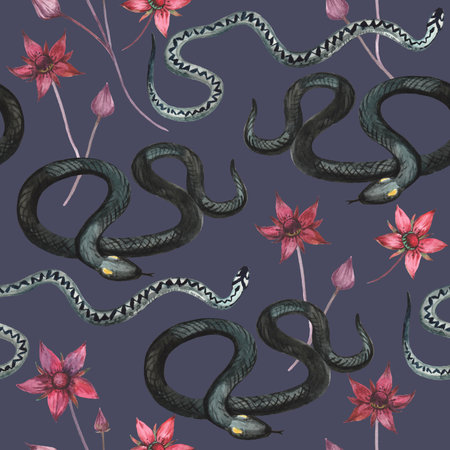 Watercolor seamless pattern with black snakes and red flowers. Decorative gothic printの写真素材