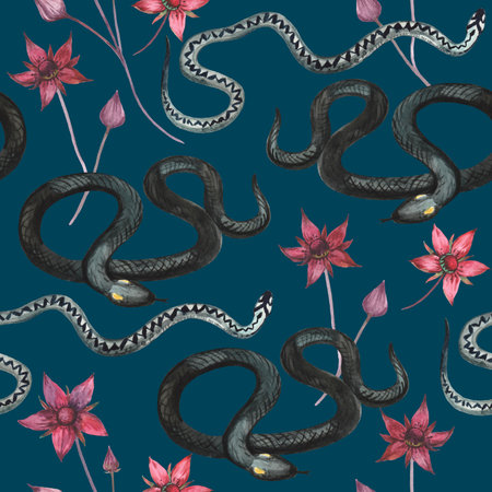 Watercolor seamless pattern with black snakes and red flowers. Decorative gothic printの写真素材