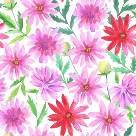 Colorful seamless pattern with watercolor pink and red dahlia flowers. Decorative vivid floral backgroundの写真素材