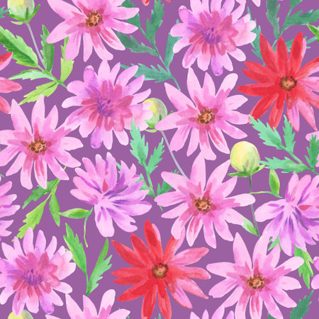 Colorful seamless pattern with watercolor pink and red dahlia flowers. Decorative vivid floral backgroundの写真素材