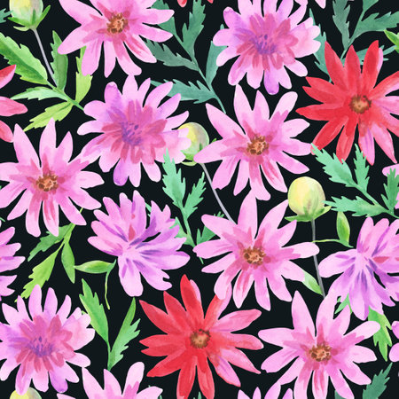 Colorful seamless pattern with watercolor pink and red dahlia flowers. Decorative vivid floral backgroundの写真素材