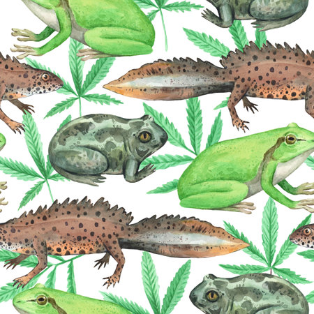 Watercolor seamless pattern with frogs and newts. Original hand drawn print for design and textileの写真素材