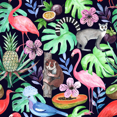 Colorful vivid watercolor seamless pattern with flamingo and ibis, lemurs, tropical fruits and monstera leaves.の写真素材