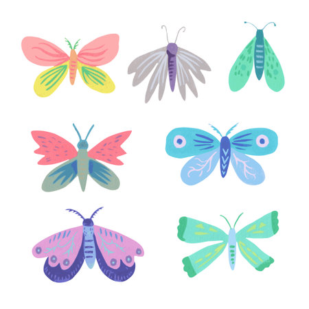 Cute doodle simple butterflies and moths isolated on white background. Hand-drawn clip art for design and decor.のイラスト素材