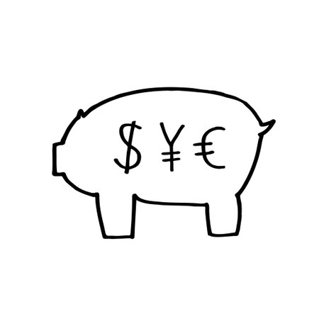 Piggy bank with currency symbols, dollar euro and yen. Doodle simple outline pictogram sign. Vector hand drawn black and white illustration.のイラスト素材