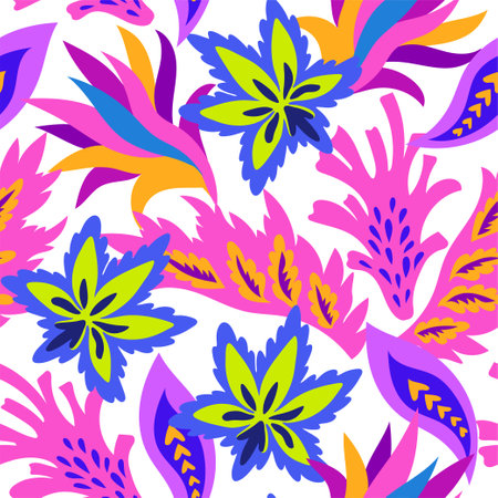 Bright seamless pattern with colorful ornamental shapes and floral decorative elements. Hippie psychedelic print.のイラスト素材