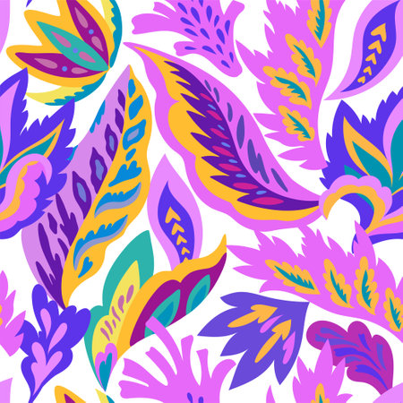 Bright seamless pattern with colorful ornamental shapes and floral decorative elements. Hippie psychedelic print.のイラスト素材