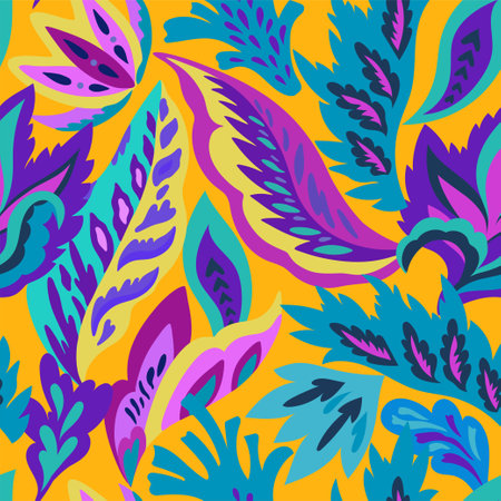 Bright seamless pattern with colorful ornamental shapes and floral decorative elements. Hippie psychedelic print.のイラスト素材