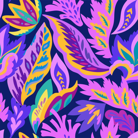 Bright seamless pattern with colorful ornamental shapes and floral decorative elements. Hippie psychedelic print.のイラスト素材