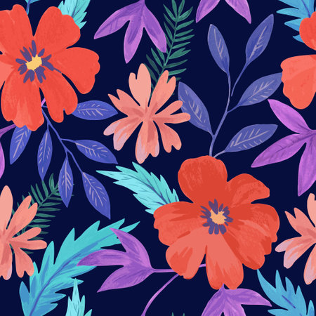 Seamless pattern with abstract red colorful flowers and various watercolor botanical elements. hand drawn vector illustration.のイラスト素材