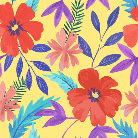 Seamless pattern with abstract red colorful flowers and various watercolor botanical elements. hand drawn vector illustration.のイラスト素材