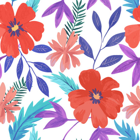 Seamless pattern with abstract red colorful flowers and various watercolor botanical elements. hand drawn vector illustration.のイラスト素材