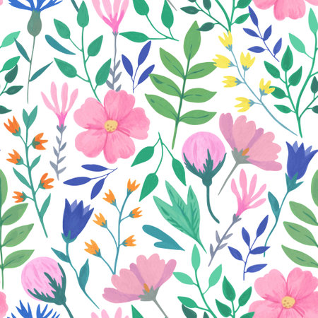 Vector seamless pattern with simple romantic pink flowers. Hand-drawn illustration in watercolor style for design.のイラスト素材