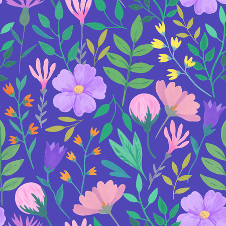 Vector seamless pattern with simple romantic pink flowers. Hand-drawn illustration in watercolor style for design.のイラスト素材