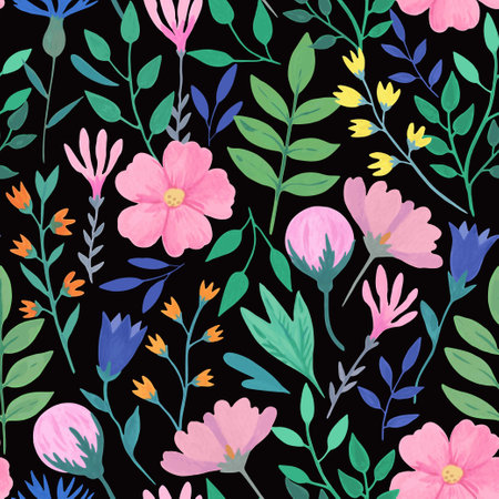 Vector seamless pattern with simple romantic pink flowers. Hand-drawn illustration in watercolor style for design.のイラスト素材