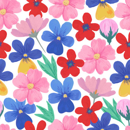Colorful seamless pattern with cute hand-drawn floral elements in retro style. Festive trendy print for design and textile.のイラスト素材
