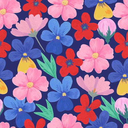 Colorful seamless pattern with cute hand-drawn floral elements in retro style. Festive trendy print for design and textile.のイラスト素材