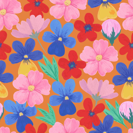 Colorful seamless pattern with cute hand-drawn floral elements in retro style. Festive trendy print for design and textile.のイラスト素材