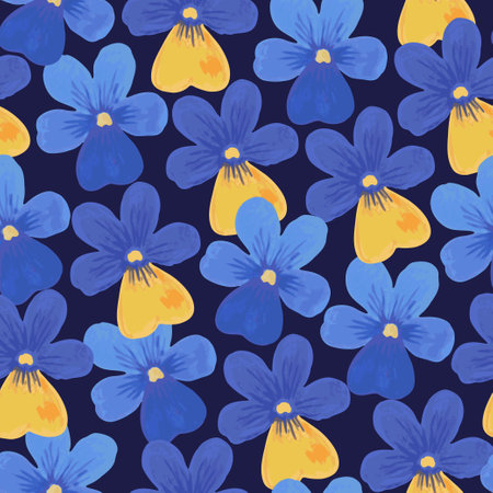 Colorful seamless pattern with cute hand-drawn floral elements of pansy in retro style. Festive trendy print for design and textile.のイラスト素材